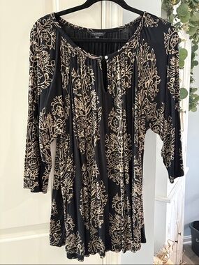 Lucky Brand Black Top with Tan Floral Print - Long Sleeve Peasant Style